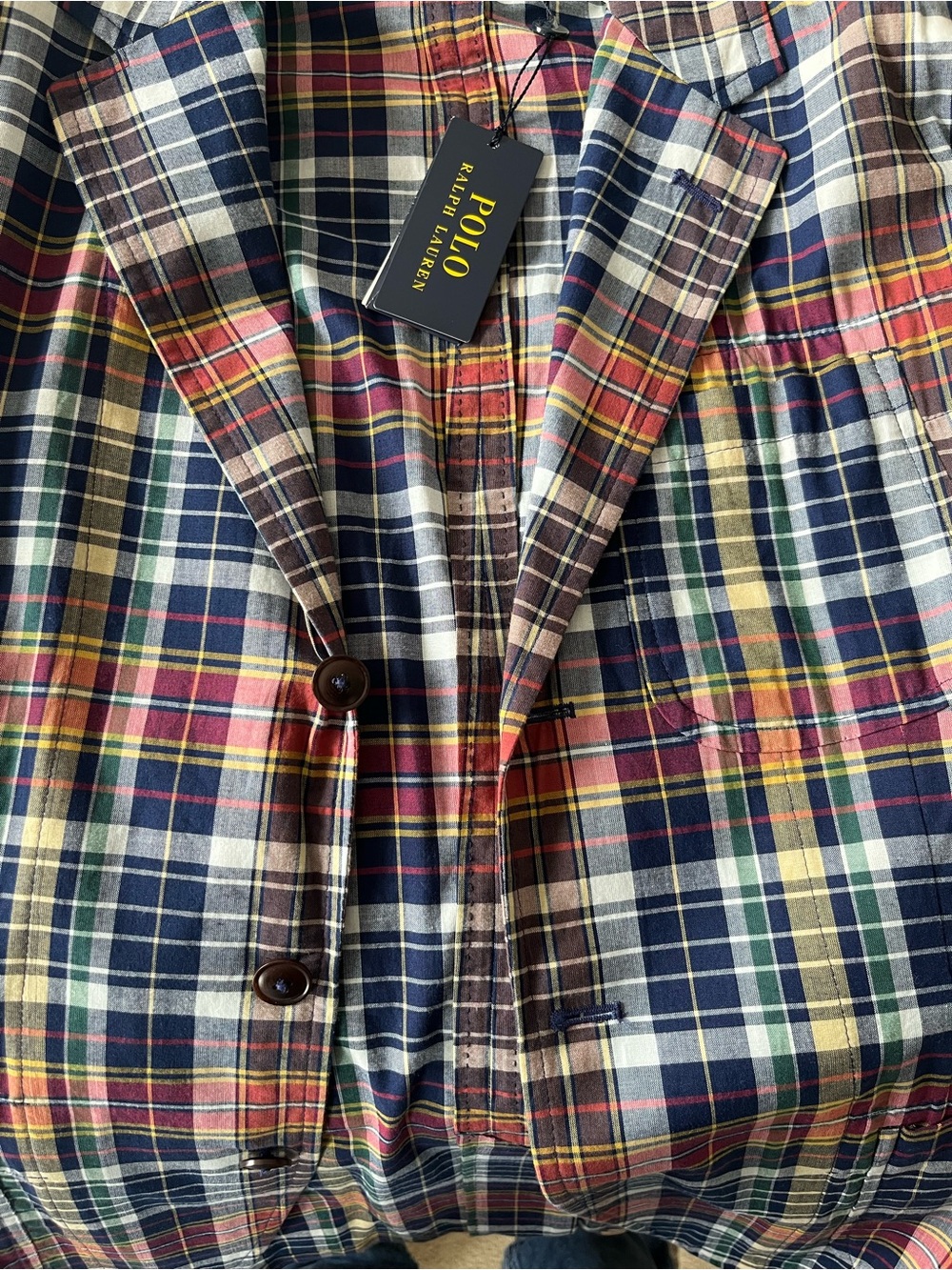 Polo by Ralph Lauren Madras Navy, Red & Yellow Plaid Sport Coat, LARGE, NWT